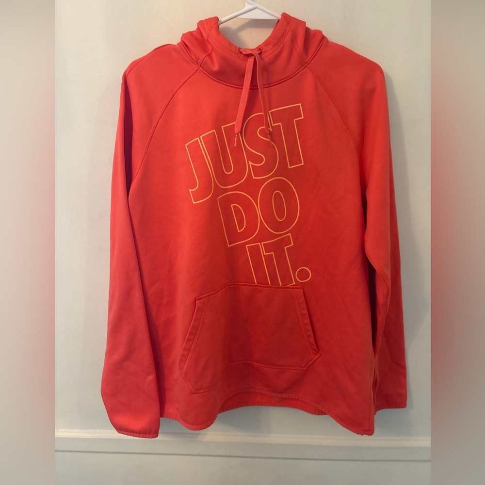 Nike Hoodie Womens Large  Orange Dri-Fit Just Do It Logo Thumb Holes EUC!